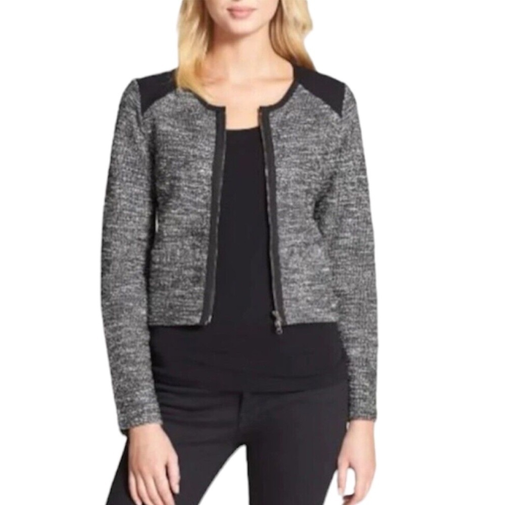 Eileen Fisher System Black & White Tweed Moto-Style Jacket. Size M.